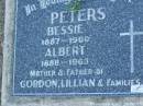 
Bessie PETERS,
1887 - 1960;
Albert PETERS,
1888 - 1963;
mother & father of Gordon, Lillian & families;
Polson Cemetery, Hervey Bay
