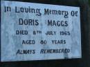 Doris MAGGS, died 8 July 1965 aged 80 years; Polson Cemetery, Hervey Bay 