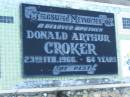 
Donald Arthur CROKER,
brother,
died 23 Feb 1966 aged 64 years;
Polson Cemetery, Hervey Bay
