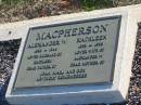 
Alexander W. MACPHERSON,
1890 - 1944,
husband of Kathleen,
father of Joan, Marj & Don;
Kathleen MACPHERSON,
1899 - 1995,
wife of Alexander W., 
mother of Joan, Marj & Don;
Polson Cemetery, Hervey Bay
