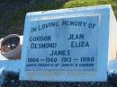 Gordon Desmond JAMES, 1904 - 1960; Jean Eliza JAMES, 1913 - 1990; parents of Judith & Gordon; Polson Cemetery, Hervey Bay 