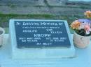 
Adolph KROPP,
father,
died 20 May 1965 aged 62 years;
Eva Ellen KROPP,
mother,
died 10 June 1982 aged 71 years;
Polson Cemetery, Hervey Bay
