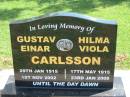 Gustav Einar CARLSSON, 29 Jan 1915 - 1 Nov 2002; Hilma Viola CARLSSON, 17 May 1915 - 23 Jan 2008; Polson Cemetery, Hervey Bay 