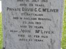 
Sarah Jane,
wife of John MCLIVER,
died 12 Sept 1913 aged 61 years;
Robert Dunlop,
son,
died 21 July 1913 aged 28 years;
David C.C. MCLIVER,
son,
died Adelaide Hospital 23 Aug 1915 aged 20 years;
John MCLIVER,
died 17 Feb 1929 aged 83 years;
Polson Cemetery, Hervey Bay
