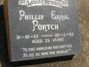 
Phillip Errol PORTCH,
31-10-59 - 25-2-83 aged 23 years;
Polson Cemetery, Hervey Bay
