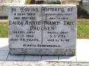 
Laura Annie PAULSEN,
wife mother,
died 10-11-1966 aged 48 years;
Francis Eric PAULSEN,
husband father,
died 5-5-1973 aged 59? years;
Polson Cemetery, Hervey Bay
