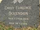 Emily Florence OCKENDON, died 7 Feb 1974 aged 98 years; Frederick Arthur OCKENDEN, father grandfather, died 5 Oct 1972 aged 68 years; Polson Cemetery, Hervey Bay 