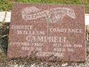 
Robert William CAMPBELL,
died 22 Aug 1965 aged 66 years;
Constance CAMPBELL,
died 14 Jan 1991 aged 95 years;
Polson Cemetery, Hervey Bay
