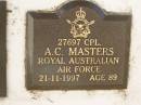 
A.C. MASTERS,
died 21-11-1997 aged 89 years;
Polson Cemetery, Hervey Bay
