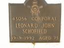Leonard John SCHOFIELD, died 19-9-1992 aged 73 years; Polson Cemetery, Hervey Bay 