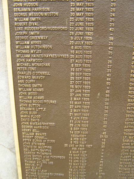 Port Macquarie historical society - list of deaths  |   | Historic cemetery:  |   | John HUDSON 23 May 1825 aged 29  | Benjamin HARRISON 26 May 1825 aged 26  | George WESSON/WESTON 30 May 1825 aged 24  | William SMITH 22 Jun 1825 aged 25  | Robert DIVAL 22 Jun 1825 aged 23  | Luke RUDDERFORD/RUDDIFORD 22 Jun 1825 aged 42  | Joseph SMITH 28 Jun 1825 ?  | George GREENWAY 9 Jul 1825 aged 38  | William AYRES 22 Jul 1825 aged 29  | William HUTCHISON 6 Aug 1825 aged 42  | Thomas MYLES 16 Aug 1825 aged 25  | William HAINES/HAYNES/HYNES 25 Aug 1825 ?  | John HARWOOD 27 Aug 1825 aged 26  | Michael MONAGHAN  6 Sep 1925 aged 27  | Peter TOME 19 Sep 1825 aged 23  | Charles O'DONNELL 26 Sep 1825 aged 43  | Edward McAVOY 29 Sep 1825 aged 44  | Ann DUFFY 27 Oct 1825 aged 60  | Thomas SMITH 16 Nov 1825 ?  | William ADAMS 27 Jan 1826 aged 45  | John WOOD 27 Jan 1826 aged 36  | William ADAMS 4 Mar 1825 aged 28  | Thomas ROOKE/ROURKE 15 Mar 1826 aged 35  | John SUTTON 27 Apr 1826 aged 38  | Benjamin LITTLE 2 May 1826 aged 36  | John BUSH 21 May 1826 aged 30  | Maria FLOOD 1 Jun 1826 aged 31  | David DAVIS 11 Jun 1826 aged 32  | John McKEAG/McKIEGE 29 Jun 1826 aged 45  | George HARRISON 5 Sep 1826 ?  | Henry BELL 14 Sep 1826 aged 46  | William SWAINE 1826-1827 aged 51/53  | Robert CONNELL d 4 Feb 1827 aged 19  | Peter BURNS of Dunn 8 Feb 1827 aged 26  | John ATKINSON 25 Jan or Feb 1827 aged 30  | Dominick McINTYRE Feb 1827 ?  | Neil SMITH/SMYTHE 4 Mar 1827 ?  | Carrick THOMPSON 12 Mar 1827 ?  | John BROWN (alias THOMPSON) 18 Apr 1827 ?  | John FITZWILLIAM 18 Apr 1827 aged 73  | Thomas Ayliffe GEE 13 May 1827 aged 43  | Samuel PILE 8 Jun 1827 aged 34  | Ann GILZAN 13 Jul 1827 aged 27  | Andrew GILZAN 31 Aug 1827 aged 6 weeks  | Thomas SANDERS/SAUNDERS 12 Aug 1827 aged 32  | Timothy CONNOR 14 Sep 1827 aged 40  |   | Port Macquarie historic cemetery, NSW  | 