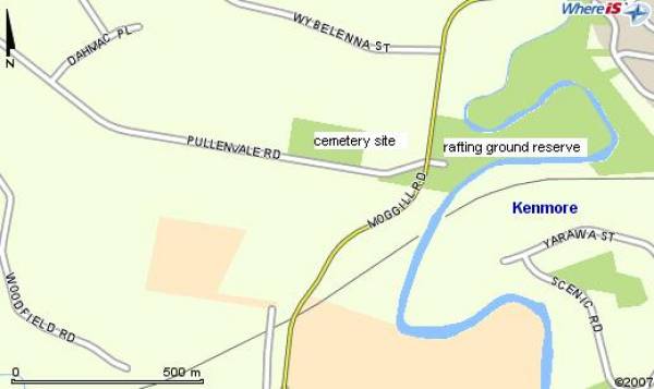 estimated location of early cemetery site at Rafting Ground.  | 
