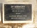 
John Thomas RYAN,
born c. 1817,
died 4-02-1931;
Clarence Michael RYAN,
son,
born 19-10-1917,
died 05-02-1920;
Ravensbourne cemetery, Crows Nest Shire
