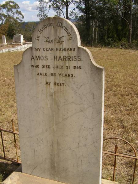 Amos HARRISS,  | husband;  | died 31 July 1916 aged 65 years;  | Ravensbourne cemetery, Crows Nest Shire  | 