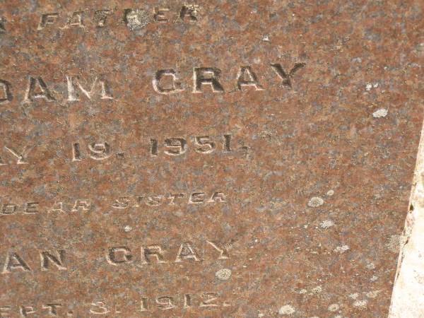 Peter Adam GRAY,  | father,  | died 19 May 1951;  | Ida Jean GRAY,  | sister,  | died 3 Sept 1912;  | Ravensbourne cemetery, Crows Nest Shire  | 