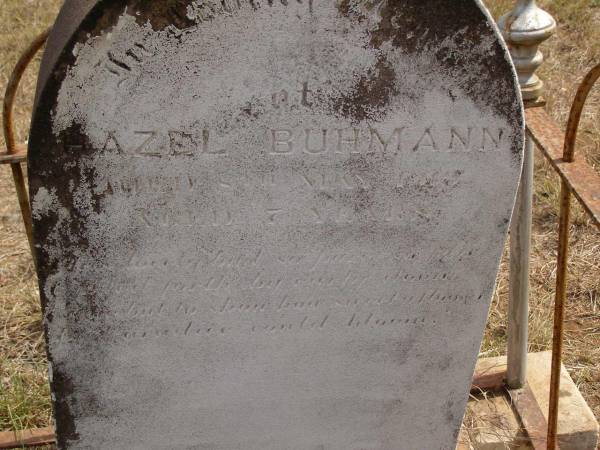 Hazel BUHMANN,  | died 8 May 1919 aged 7 years;  | Ravensbourne cemetery, Crows Nest Shire  | 