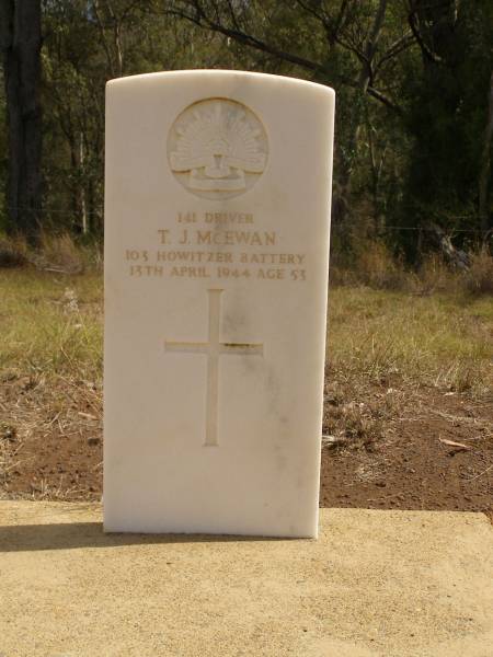 T.J. MCEWAN,  | died 13 April 1944 aged 53 years;  | Ravensbourne cemetery, Crows Nest Shire  | 