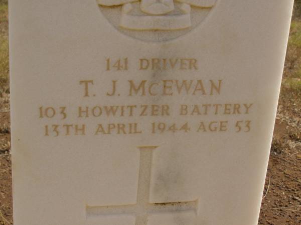 T.J. MCEWAN,  | died 13 April 1944 aged 53 years;  | Ravensbourne cemetery, Crows Nest Shire  | 