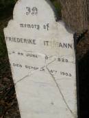 
Friederike DITTMANN,
born 20 June 1829 died 14 Oct 1905;
Serpentine Creek Cemetery, Redlands Shire
