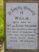 
Willie, only son of William & Eliza FIELDING,
drowned Redland Bay 30 Dec 1905 aged 18 years;
Serpentine Creek Cemetery, Redlands Shire
