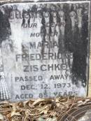 
Wilhelm Heinrick ZISCHKE,
husband father,
died 9 Aug 1960 aged 76 years;
Maria Friedericke ZISCHKE, mother,
died 12 Dec 1973 aged 85 years;
Ropeley Immanuel Lutheran cemetery, Gatton Shire
