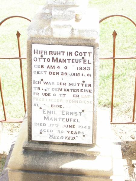 Otto MANTEUFEL,  | born 4 Oct 1885 died 29 Jan 1901;  | Emil Ernst MANTEUFEL,  | died 17 June 1945 aged 50 years;  | Ropeley Immanuel Lutheran cemetery, Gatton Shire  | 