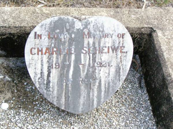 Charlie SCHEIWE, 1917 - 1921;  | Ropeley Immanuel Lutheran cemetery, Gatton Shire  | 