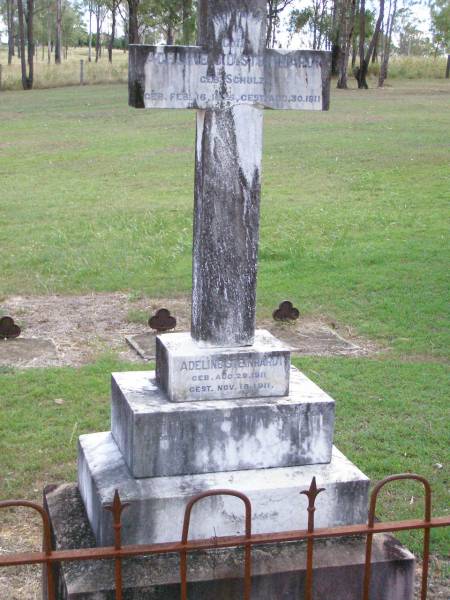 Adeline J.D. STEINHARDT, nee SCHULZ,  | born 16 Feb 1875 died 30 Aug 1911;  | Adeline STEINHARDT,  | born 29 Aug 1911 died 18 Nov 1911;  | Ropeley Immanuel Lutheran cemetery, Gatton Shire  | 