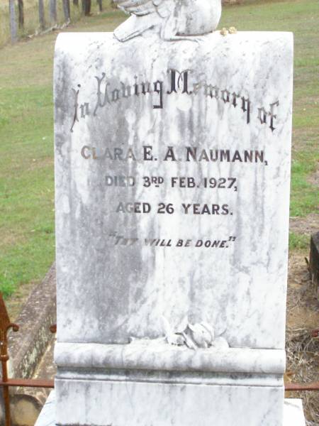 Clara E.A. NAUMANN,  | died 3 Feb 1927 aged 26 years;  | Ropeley Immanuel Lutheran cemetery, Gatton Shire  | 