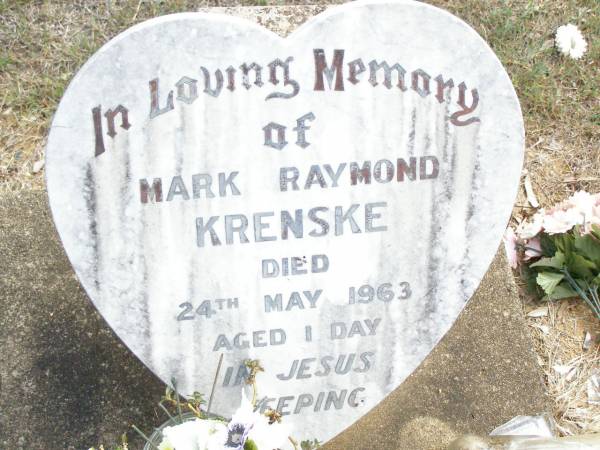 Mark Raymond KRENSKE,  | died 24 May 1963 aged 1 day;  | Ropeley Immanuel Lutheran cemetery, Gatton Shire  | 