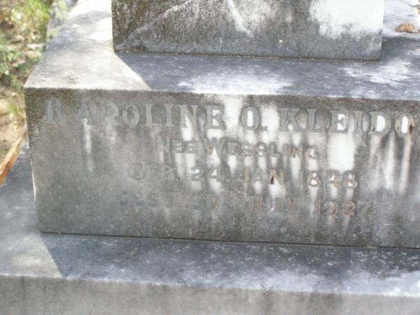A.R. KLEIDON,  | born 20 FEb 1850 died 30 July 1923;  | Karoline O. KLEIDON, nee WESSLING,  | born 24 Jan 1848 died 30 July 1927;  | Ropeley Immanuel Lutheran cemetery, Gatton Shire  | 