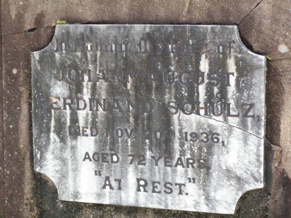 Johann August Ferdinand SCHULZ,  | died 20 Nov 1936 aged 72 years;  | Ropeley Immanuel Lutheran cemetery, Gatton Shire  | 