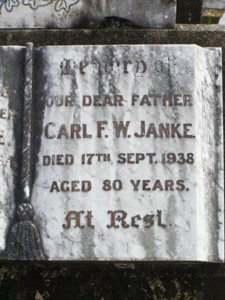 Ida F.W. JANKE, wife mother,  | died 21 April 1934 aged 72 years;  | Carl F.W. JANKE, father,  | died 17 Sept 1938 aged 80 years;  | Ropeley Immanuel Lutheran cemetery, Gatton Shire  | 