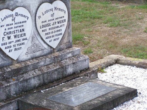 Christian F.W. WEIER, husband father,  | died 29 June 1946 aged 72 years;  | Louise J.P. WEIER, nee ROSENBLATT, mother,  | died 15-3-1963 aged 82 years;  | Ropeley Immanuel Lutheran cemetery, Gatton Shire  | 