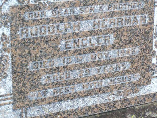 Rudolph (Rudy) Herrman ENGLER,  | died 13 Nov 1945 aged 29 years;  | Ropeley Immanuel Lutheran cemetery, Gatton Shire  | 