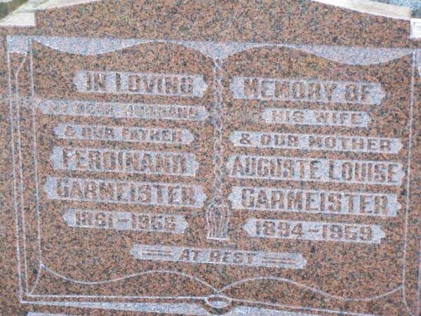 Ferdinand GARMEISTER, husband father,  | d1891 - 1956;  | Auguste Louise GARMEISTER, wife,  | 1894 - 1959;  | Ropeley Immanuel Lutheran cemetery, Gatton Shire  | 