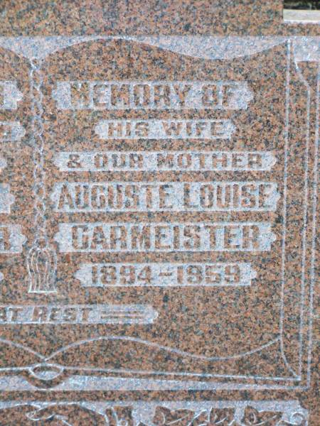 Ferdinand GARMEISTER, husband father,  | d1891 - 1956;  | Auguste Louise GARMEISTER, wife,  | 1894 - 1959;  | Ropeley Immanuel Lutheran cemetery, Gatton Shire  | 