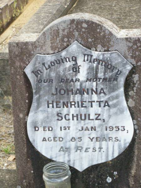 Johanna Henrietta SCHULZ, mother,  | died 1 Jan 1953 aged 85 years;  | Ropeley Immanuel Lutheran cemetery, Gatton Shire  | 