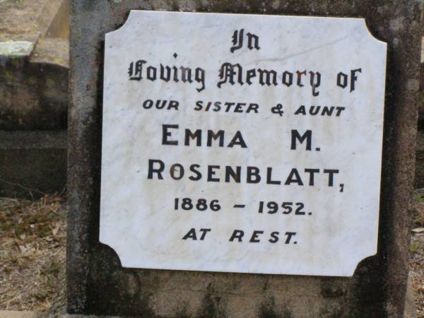 Emma M. ROSENBLATT, sister aunt,  | 1886 - 1952;  | Ropeley Immanuel Lutheran cemetery, Gatton Shire  | 