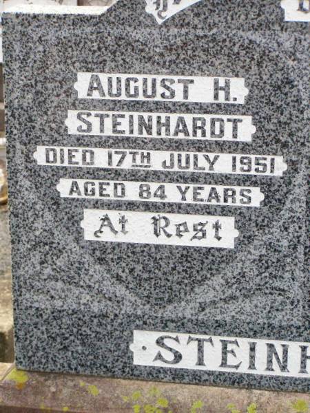 August H. STEINHARDT,  | died 17 July 1951 aged 84 years;  | Maria A.J. STEINHARDT,  | died 18 May 1961 aged 89 years;  | August W. STEINHARDT,  | died 10? August 1952 aged 63 years;  | Ropeley Immanuel Lutheran cemetery, Gatton Shire  | 
