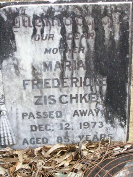 Wilhelm Heinrick ZISCHKE,  | husband father,  | died 9 Aug 1960 aged 76 years;  | Maria Friedericke ZISCHKE, mother,  | died 12 Dec 1973 aged 85 years;  | Ropeley Immanuel Lutheran cemetery, Gatton Shire  | 