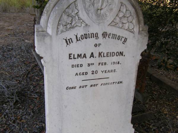 Elma A. KLEIDON,  | died 3 Feb 1918 aged 20 years;  |   | Research contact: Jan Hoger.  | Emma KLEIDON  | b: 1898  |   | Ropeley Scandinavian Lutheran cemetery, Gatton Shire  | 