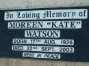 
Moreen Kate WATSON,
born 17 Aug 1926 died 22 Sept 2003;
Bevan James AHEARN,
born 4-4-1934 died 20-7-2001;
Rosevale St Patricks Catholic cemetery, Boonah Shire
