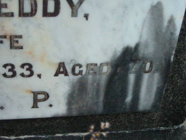 John REDDY,  | died 27 Dec 1916 aged 55 years;  | Annie REDDY, wife,  | died 31 Dec 1933 aged 70 years;  | Rosevale St Patrick's Catholic cemetery, Boonah Shire  | 