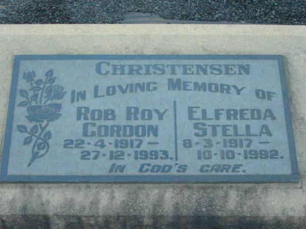 Rob Roy Gordon CHRISTENSEN,  | 22-4-1917 - 27-12-1993;  | Elfreda Stella CHRISTENSEN,  | 8-3-1917 - 10-10-1992;  | Rosevale Church of Christ cemetery, Boonah Shire  | 
