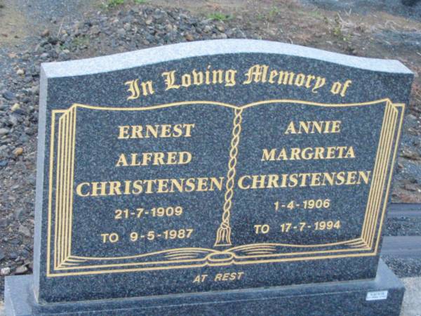 Ernest Alfred CHRISTENSEN,  | 21-7-1909 - 9-5-1987;  | Annie Margreta CHRISTENSEN,  | 1-4-1906 - 17-7-1994;  | Rosevale Church of Christ cemetery, Boonah Shire  | 