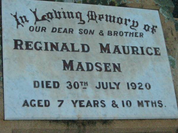 Reginald Maurice (Ted) MADSEN, son brother,  | died 30 July 1920 aged 7 years 10 months;  | Rosevale Church of Christ cemetery, Boonah Shire  | 