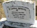 
Victor H. MULLER, brother,
died 13 Sept 1971 aged 49 years;
Rosevale St Pauls Lutheran cemetery, Boonah Shire
