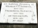 
Wilhelm F.F. KERWITZ,
1850 - 1934;
Fredericka KERWITZ,
1853 - 1935;
Carl, son,
1876 - 1921;
Rosevale St Pauls Lutheran cemetery, Boonah Shire
