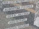 
Albertina FISCHER, mother,
died 1 July 1924 aged 68 years;
Marcuis FISCHER, father,
died 2 Nov 1944 aged 88 years 9 months;
Rosevale St Pauls Lutheran cemetery, Boonah Shire
